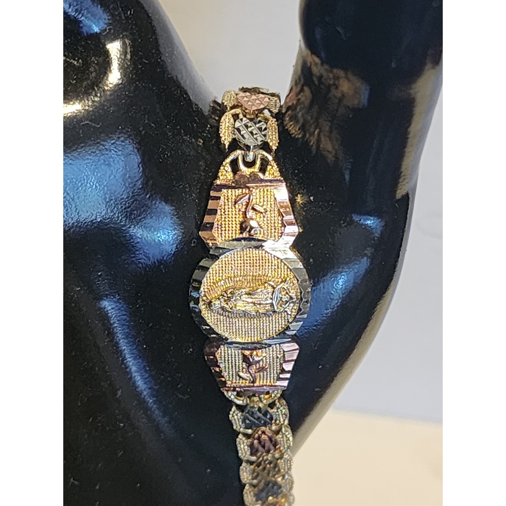 Tri-Color Virgin Mary Guadalupe Link Bracelet Diamond Cut Religious Gold Tone